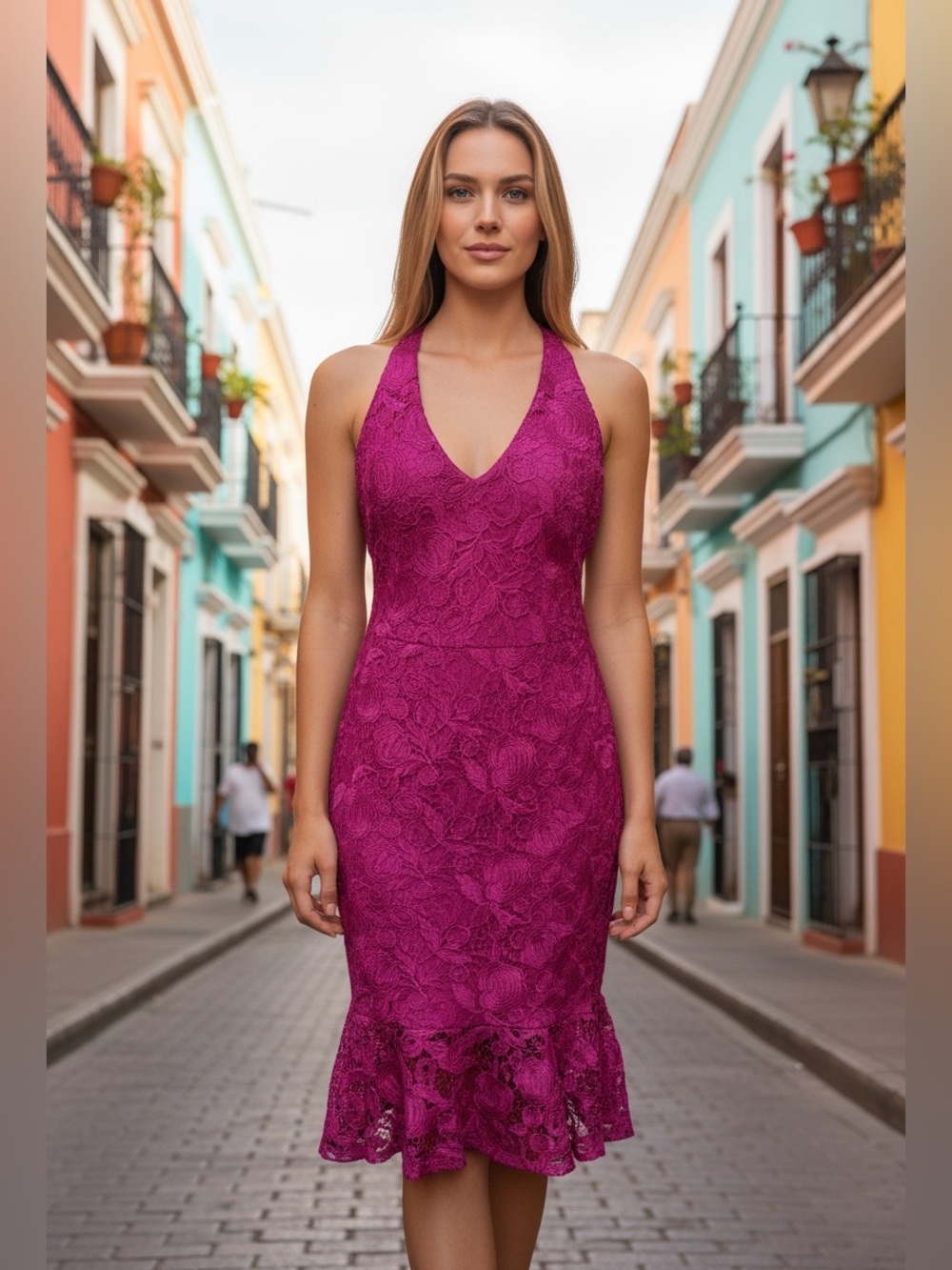 NWT Siena X Nordstrom Floral Lace Halter Dress In Fuchsia SZ-12